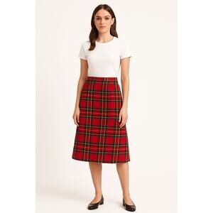 1970s Handmade Red Tartan A-Line Midi Skirt with Back Zipper 30” waist